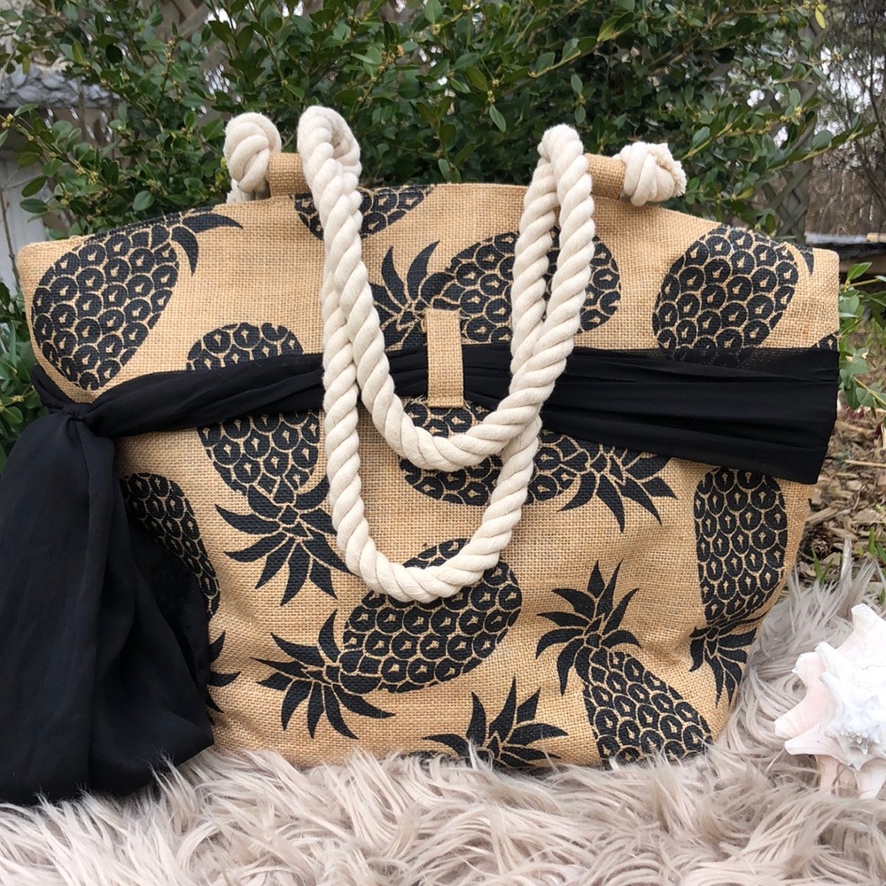 Mudpie Jute Ziptop Tote-Natural/Black Pineapple Print-Ribbon Detail-13x14x7